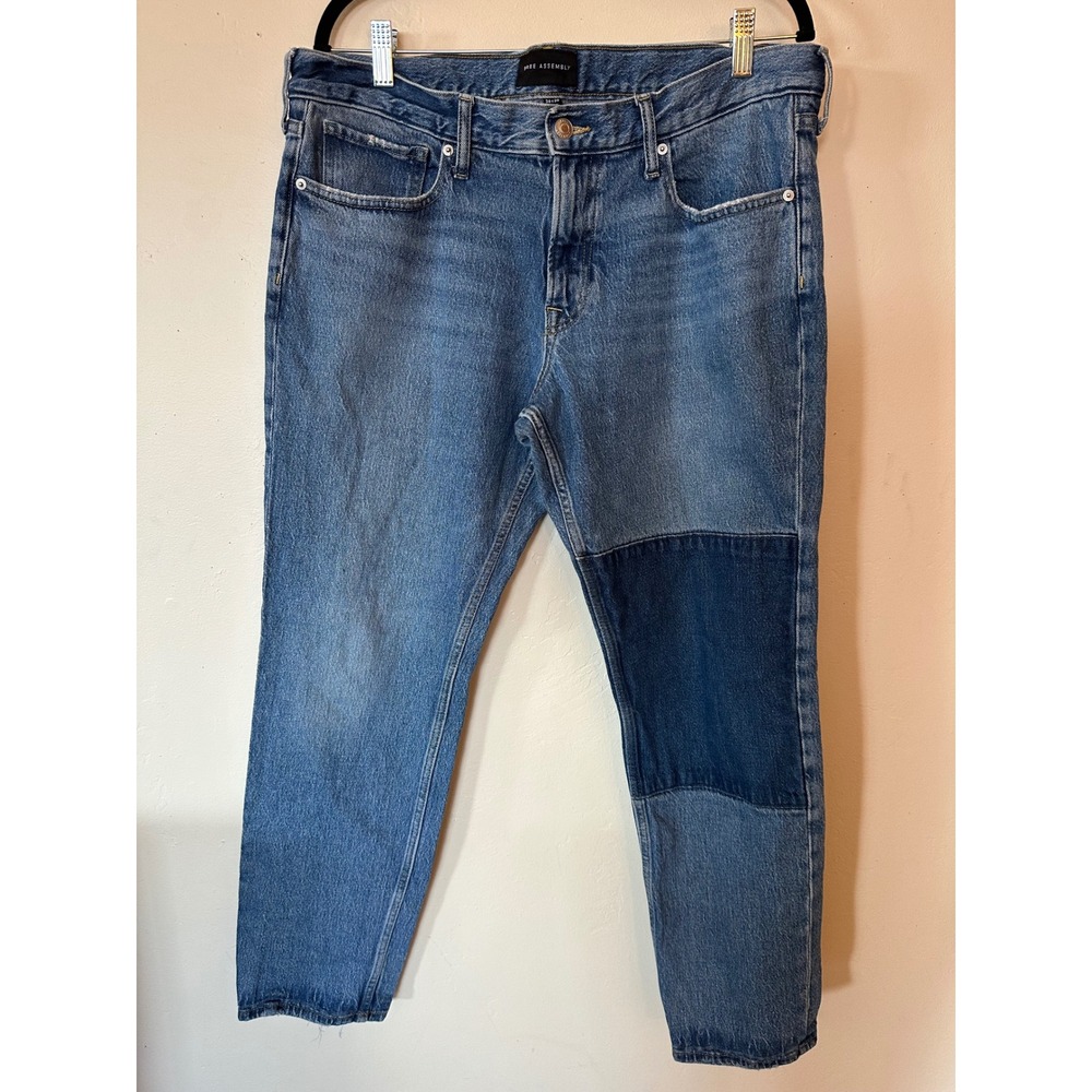 Free Assembly Mens Patchwork Tapered Denim Jeans Medium Wash 36x30 Blue